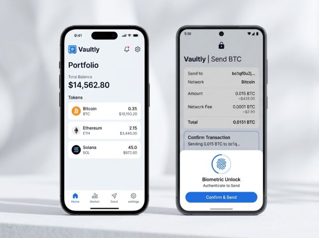 Mobile crypto trading app screens showing order entry and portfolio