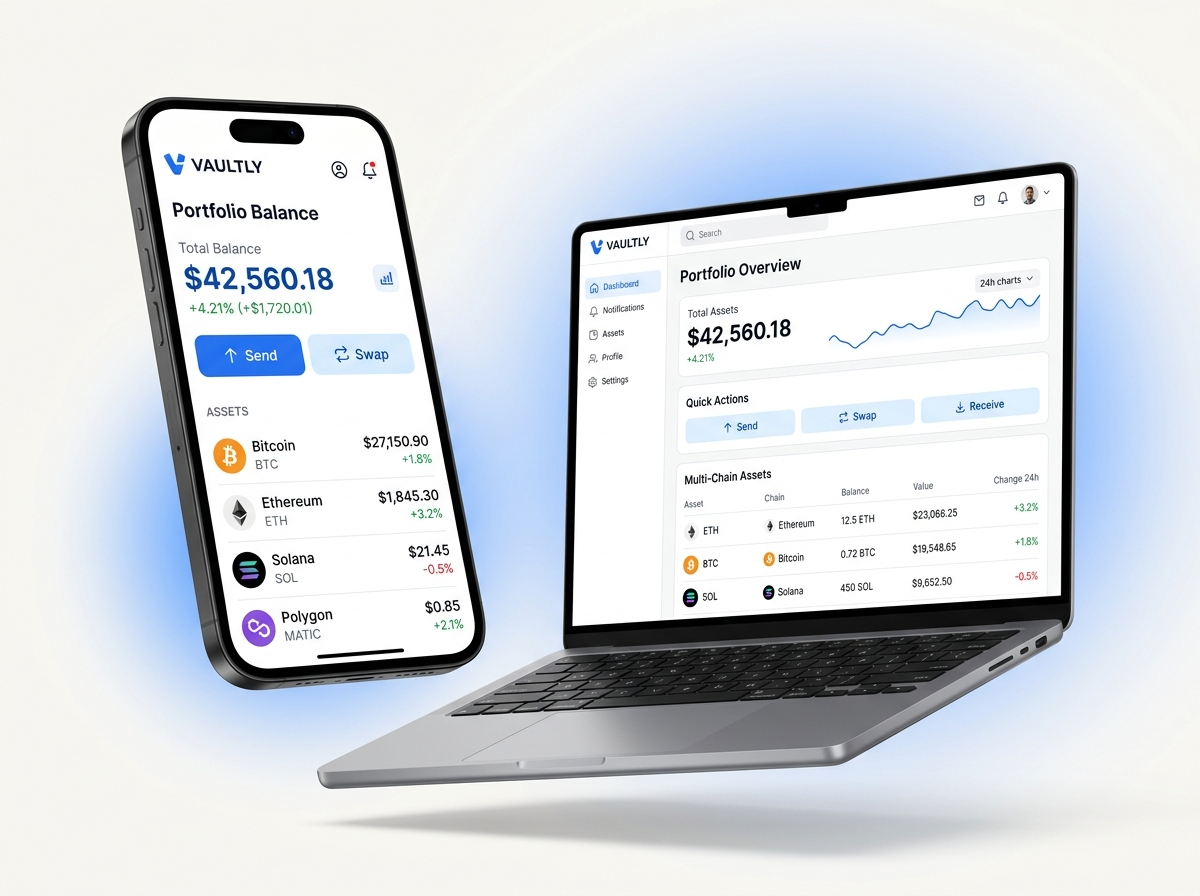 Crypto wallet app showing multi-chain balances and transaction signing