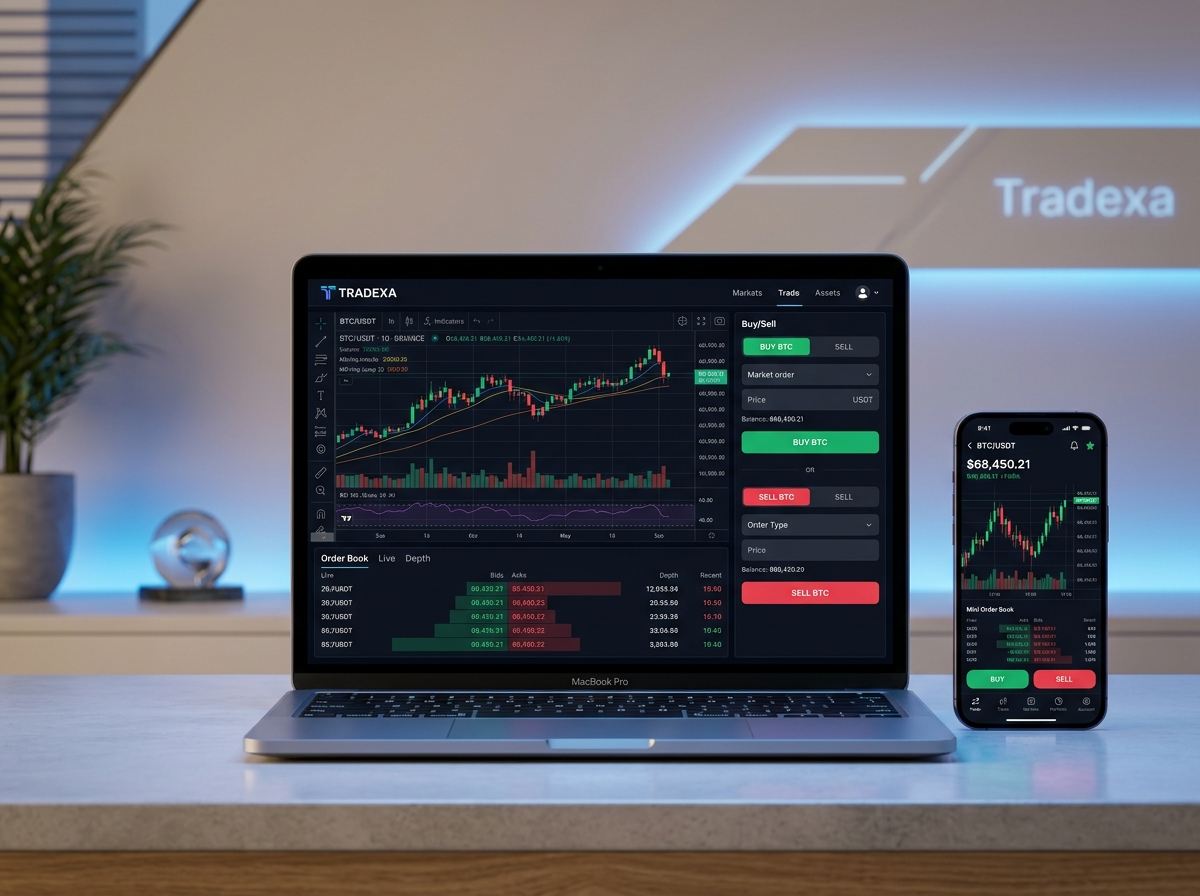 Crypto exchange showing order book, balances and admin controls