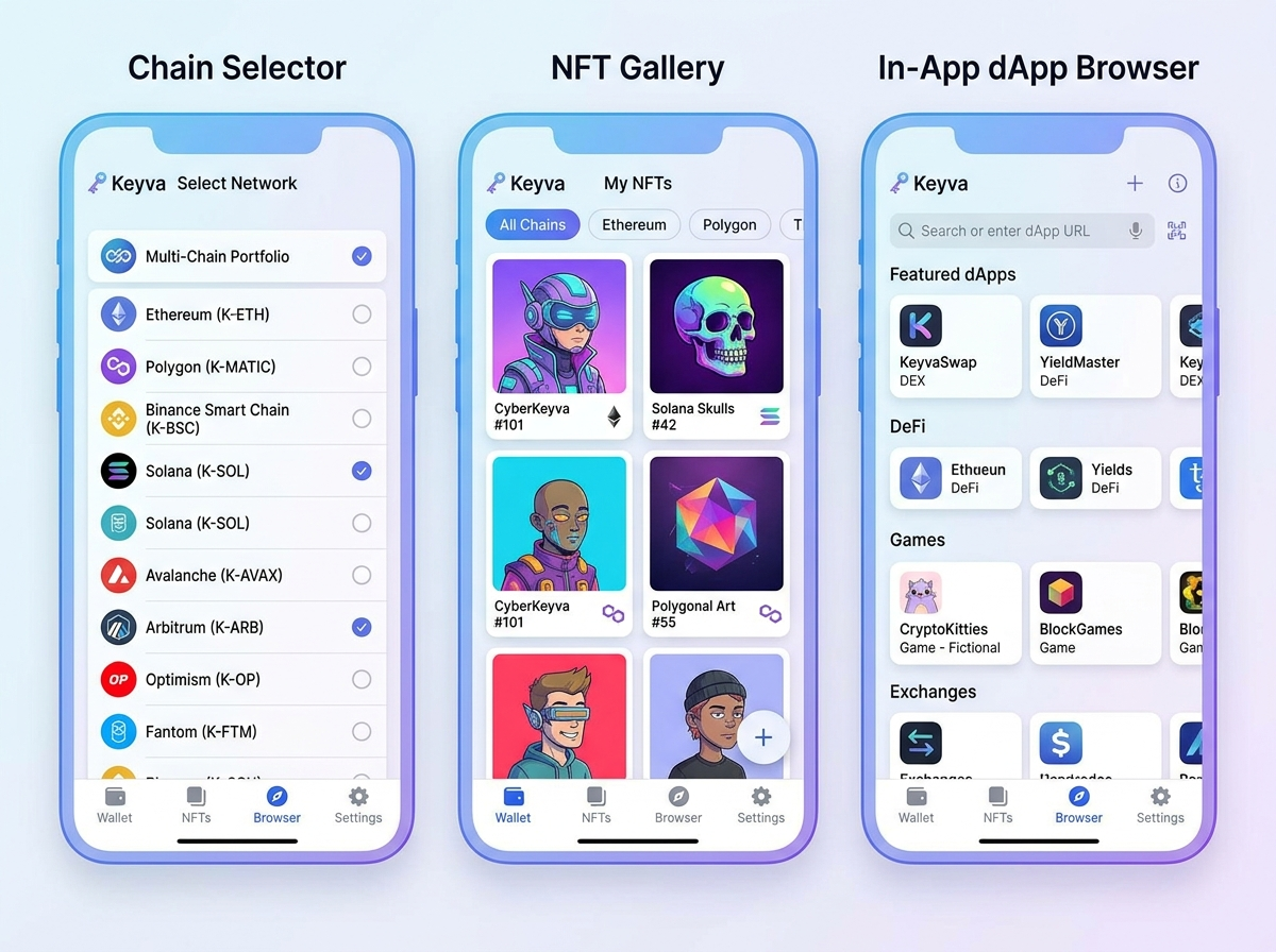 Hybrid exchange and Web3 wallet app showing trading view alongside multi-chain self-custody and DEX swap