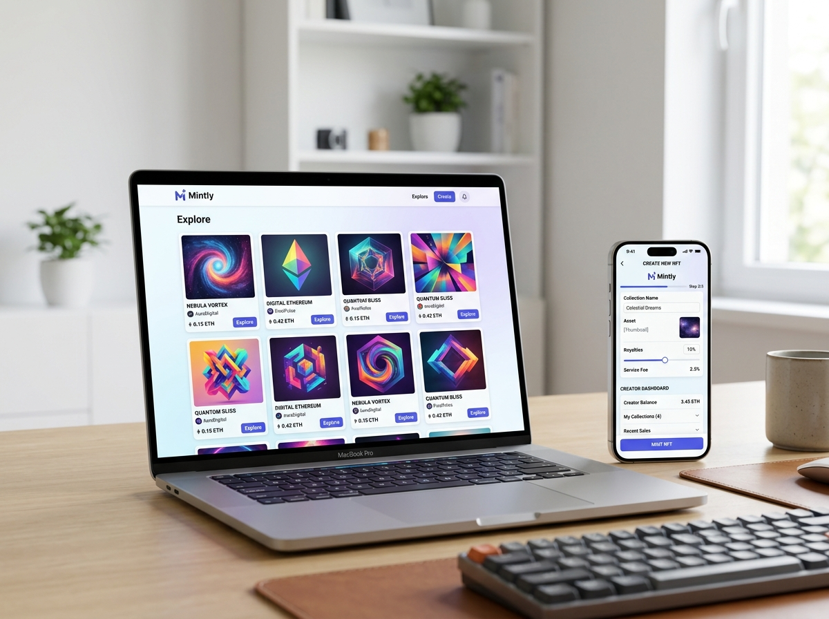 NFT marketplace platform with explore page, minting flow and creator dashboard