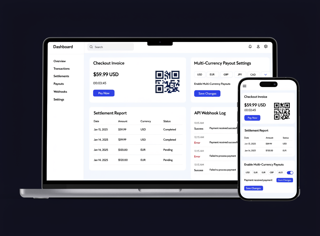 Crypto payment gateway showing checkout, settlement report and payouts