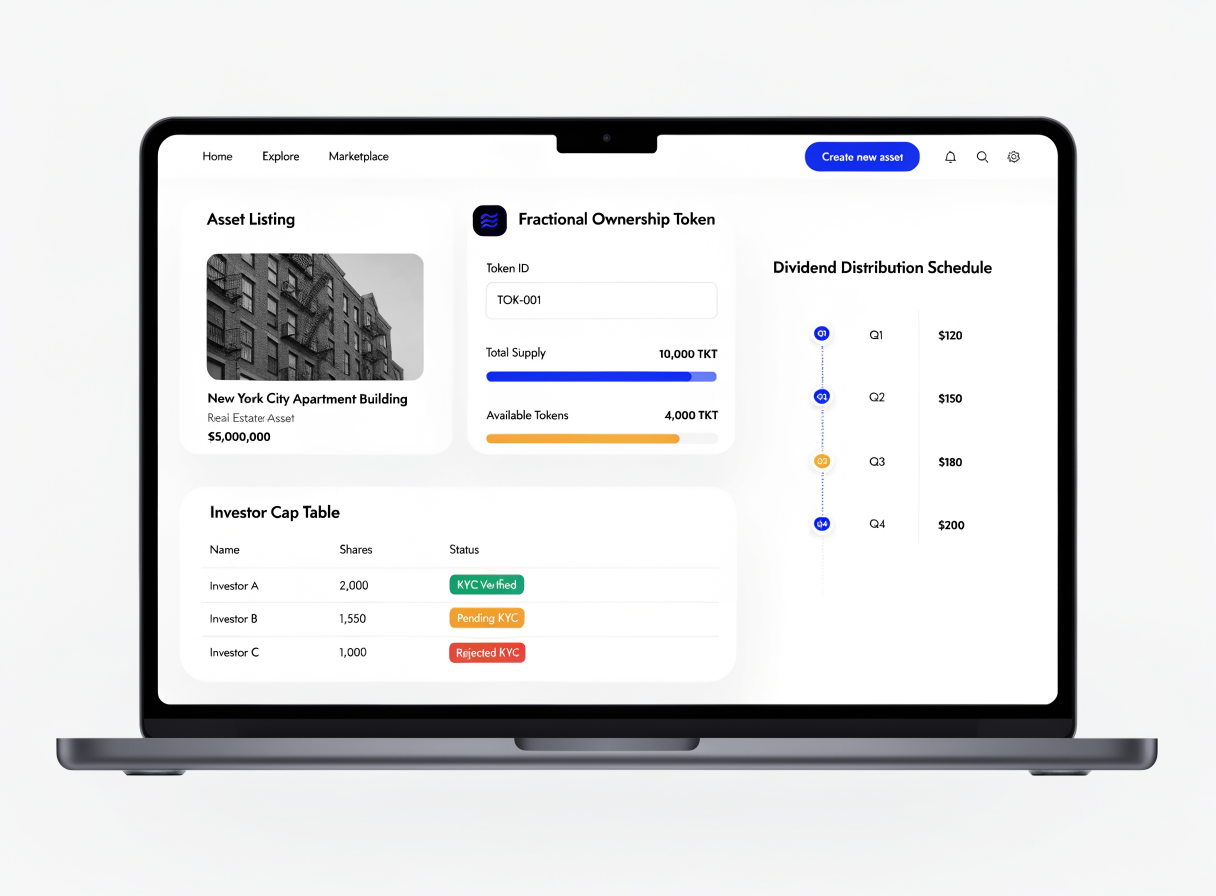 Tokenization platform showing asset register, investor cap table and distributions