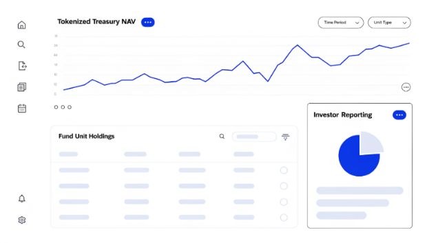 Fund management dashboard showing tokenized treasury NAV chart and investor holdings