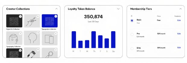 Creator marketplace dashboard showing collection grid, loyalty balance and membership tiers